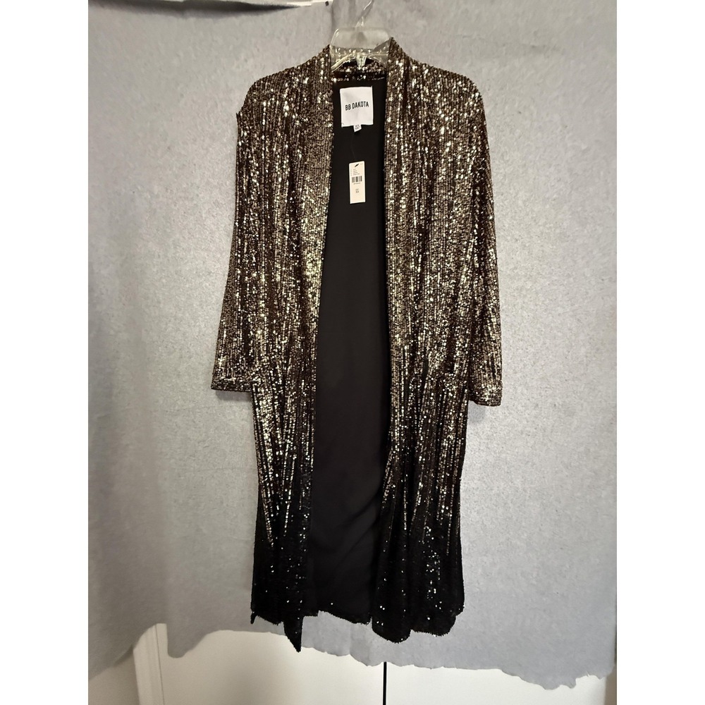 BB Dakota Jacket Womens XS Gold Sequin Long Open Front Duster Party Formal